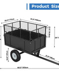 Beefy Steel Utility Trailer For ATVs And UTVs 17 Cu Ft Dump Cart With Removable Sides, dimensions view, showcasing 750 lb capacity.