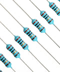 Assorted blue metal-film axial resistors with color-band stripes