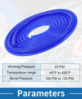 High Temp Silicone Vacuum Tubing Hose in blue, coiled, showing diameter and pressure specifications.