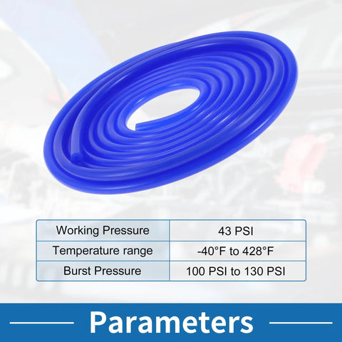 High Temp Silicone Vacuum Tubing Hose in blue, coiled, showing diameter and pressure specifications.