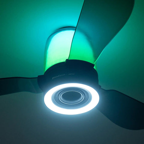 48 Inch Smart Ceiling Fans with Lights and Remote/ App, 2.1 Speaker System with colorful LED light and sleek design.