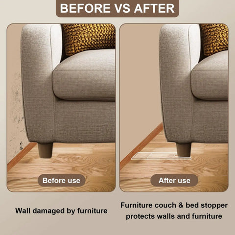 Before and after image showing wall protection using Legit Heavy Duty Clear Acrylic Couch Wall Spacers And Bed Stops.