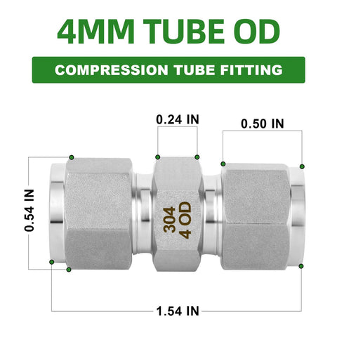 TAISHER compression tube fitting, 304 stainless steel, 4mm OD to 4mm OD straight adapter, 5-pack
