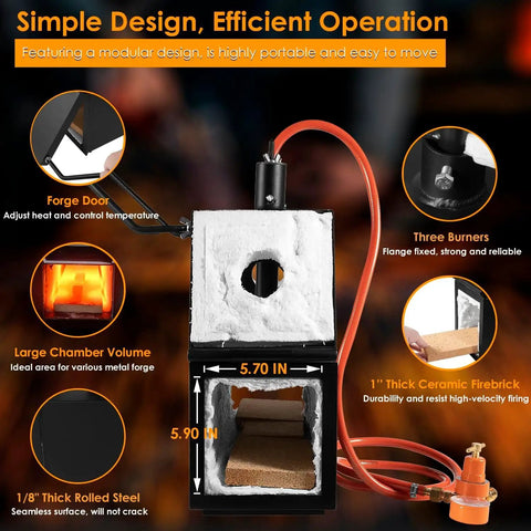 Triple Burner Propane Forge for Blacksmithing and Knife Making, 2700℉ Heavy-Duty Square Forge detail with burners and forge door.