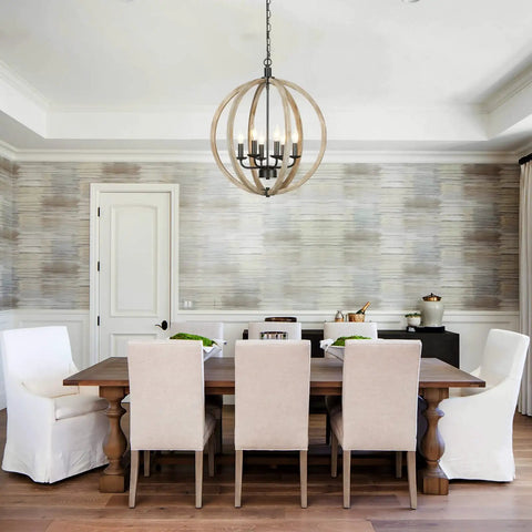 Six Light Farmhouse Chandelier With Rustic Wooden Globe Orb Open Sphere Pendant Light in dining room over table