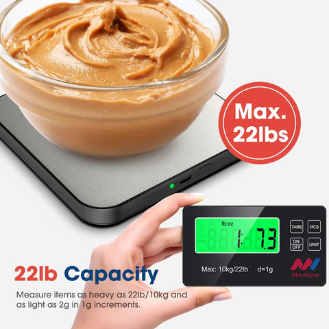 Digital Kitchen Scale With 22 Lb Capacity, 1g/0.1oz Precision, Tare Function, stainless steel platform weighing peanut butter in glass bowl