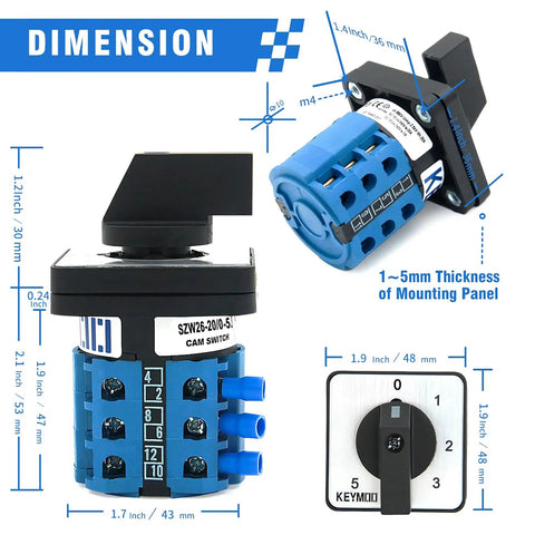 Beefy 20A Rotary Changeover Switch 660V 3 Pole 6 Position 12 Terminal Latching Selector with Blue Fork Terminals in dimension diagram