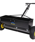 Spyker P70-12010 Commercial Drop Spreader with 120 lb hopper and 36 inch spread width featuring a powder-coated steel frame.