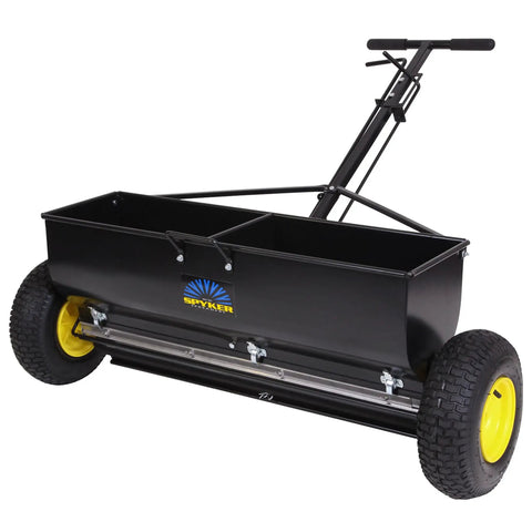 Spyker P70-12010 Commercial Drop Spreader with 120 lb hopper and 36 inch spread width featuring a powder-coated steel frame.