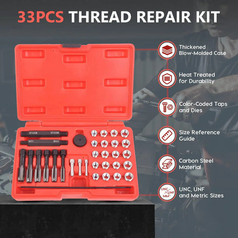 33 Piece Glow Plug Thread Repair Kit For Diesel Cylinder Heads With Tap Insert Driver and Guide Pins, organized in blow-molded case.