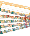 Moving Mountains Desk Nameplates Set Of 30 For Classroom And Office Decor, featuring colorful mountain and tree patterns.