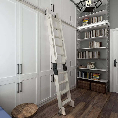 Sliding Library Ladder Track Hardware Kit With Floor Roller Wheels For Home Loft Indoor Barn Door System, installed view