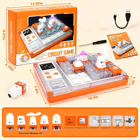 Circuit Board Kit For Kids With 500 Plus QR Guided Projects, STEM Electronics Set For Ages 8 And Up, 5 Hands On Interactive Modules Including Fan, Projector, And Bulb Modules, Great Educational Gift. Orange circuit game kit with modules, manual, and USB cable