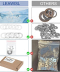 Leawisl 1/2x28 barrel shim kit for muzzle brakes; 44-piece set, 11 thicknesses; collage of metal washers and spacers.