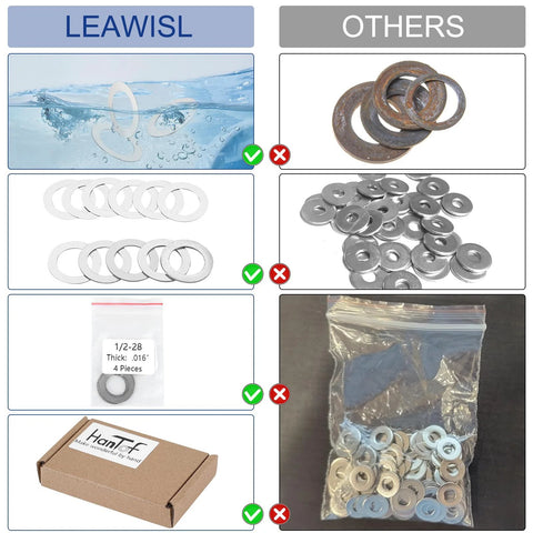 Leawisl 1/2x28 barrel shim kit for muzzle brakes; 44-piece set, 11 thicknesses; collage of metal washers and spacers.