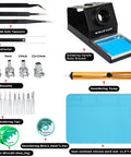 2 In 1 Digital Soldering Station Kit accessories layout, including ESD-safe tweezers, nozzles, mat, desoldering pump, and wires