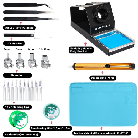 2 In 1 Digital Soldering Station Kit accessories layout, including ESD-safe tweezers, nozzles, mat, desoldering pump, and wires