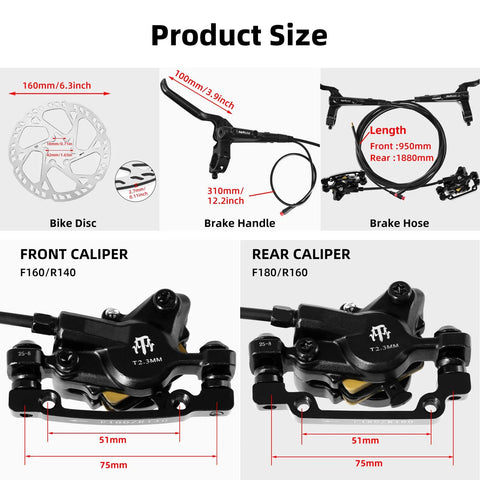 ZTZ MTB hydraulic disc brake kit, black; 2-piston with 160mm rotors, front left 950mm hose and rear 1880mm hose.