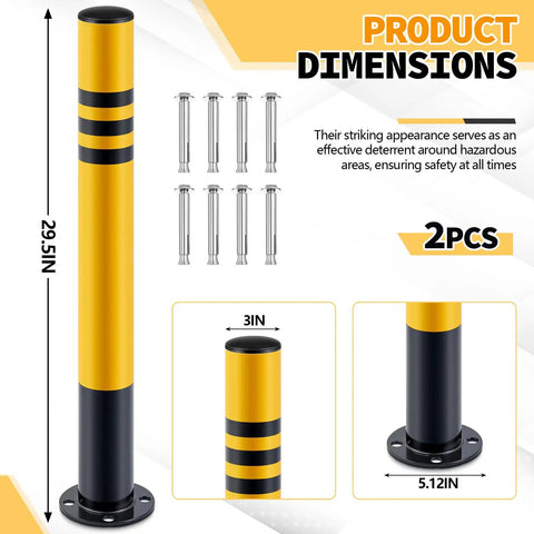 Rock Solid Galvanized Steel Parking Bollards With Concrete Anchors 29.5 X 3 Inch Heavy Duty Safety Posts displayed with installation anchors.