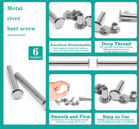 Sixty Piece Assorted Chicago Screw Kit With Phillips Head Nail Rivets In Six M5 Sizes showing metal rivet butt screws, 6 lengths available.