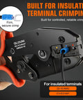 Killer 1242 Piece Wire Terminal Crimping Tool Kit That Comes Loaded with Ratcheting Crimper and Wire Stripper Cutter Offering 840 Insulated Connectors and 400 Heat Shrink Tubing Pieces for Serious Wiring Work - close-up of ratcheting crimper in use.