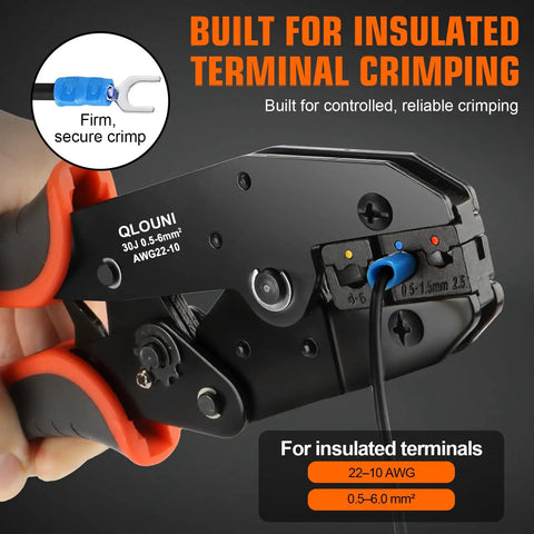 Killer 1242 Piece Wire Terminal Crimping Tool Kit That Comes Loaded with Ratcheting Crimper and Wire Stripper Cutter Offering 840 Insulated Connectors and 400 Heat Shrink Tubing Pieces for Serious Wiring Work - close-up of ratcheting crimper in use.