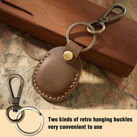 Premium Handmade Genuine Leather AirTag Holder And Keychain With Heavy Duty Rings Protective Case Compatible With Apple AirTags First And Second Gen Straight Up Solid Brown, featuring retro hanging buckles.