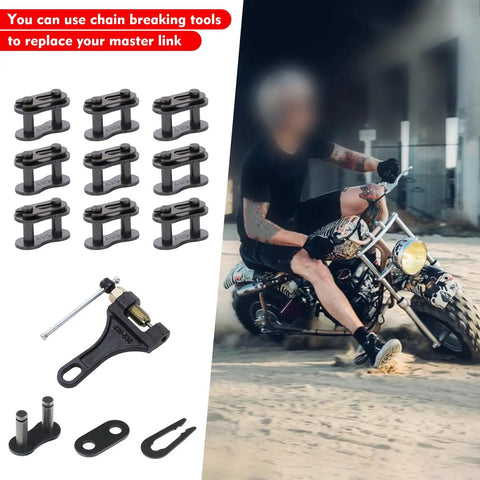Chain Master Connect Link Breaker Tool For Coleman CT200U shown with 10 master links, tool components, and a mini bike in action