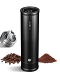 Portable Electric Coffee Burr Grinder With 50g Capacity And Magnetic Cover Aluminum Alloy Body External Adjustable Settings Ultra Quiet Brushless Motor Fast Grinding Powered By 800mAh Rechargeable Battery Black Edition with coffee beans and grounds