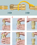 3/8 Inch Natural Gas Quick Connect Fittings, 100 Percent Solid Brass LP Gas Propane Hose Quick Disconnect Kit shown with installation steps
