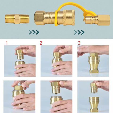 3/8 Inch Natural Gas Quick Connect Fittings, 100 Percent Solid Brass LP Gas Propane Hose Quick Disconnect Kit shown with installation steps