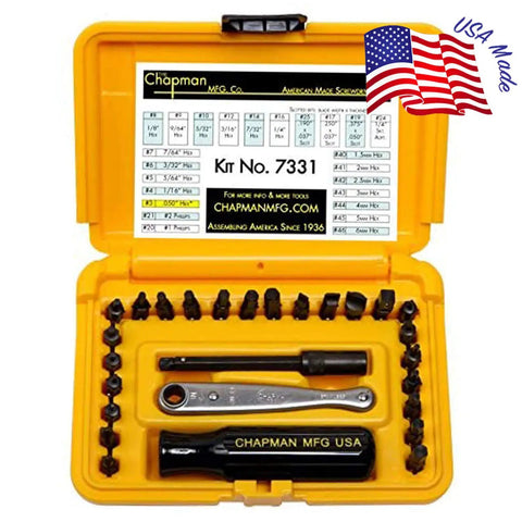 All Purpose Screwdriver Set With 24 Interchangeable Bits And Mini Ratchet Tool in yellow case, USA made, open view