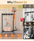 Beefed Up Cleaning Supplies Organizer And Broom Mop Holder Cart With Wheels, showing mop hangers, hooks, and vacuum stand