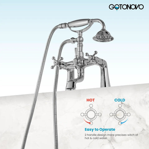 Clawfoot Bathtub Faucet With Handheld Shower Set Chrome Polished Finish, Victorian Telephone Sprayer, Double Cross Handles