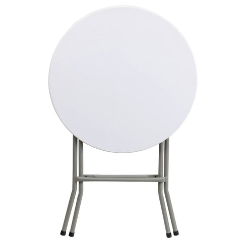 Two Foot Round Folding Event Table White Plastic Banquet Table For Indoor Outdoor Use viewed from the front