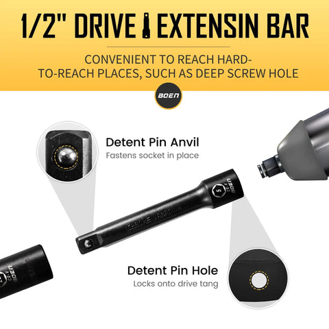 Image of a 1/2 inch drive extension bar with detent pin anvil and detent pin hole. Shows tool for deep screw hole access.
