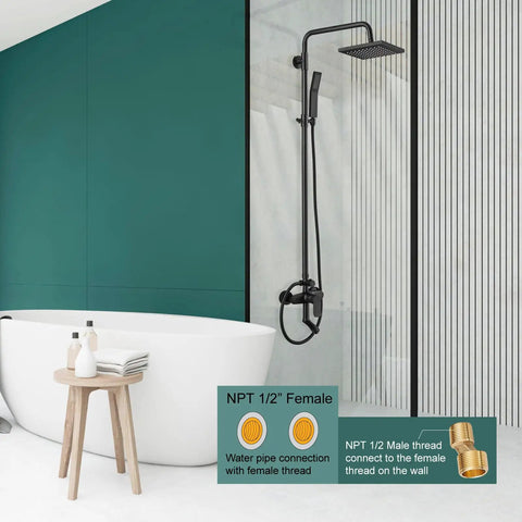 Matte Black Rain Shower System Set With Exposed Fixtures, Triple Function Shower Kit Featuring 8 Inch Rainfall Head in modern bathroom