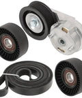 Heavy Duty Timing Belt Tensioner Pulley Kit Fit Dodge Ram 1500 2500 3500 For 2003 To 2008 Models With Drive Belt Idler Roller And Hardware Set Replaces Oem Numbers 53032130aa Ac 38058 38382, shown with belt and pulleys