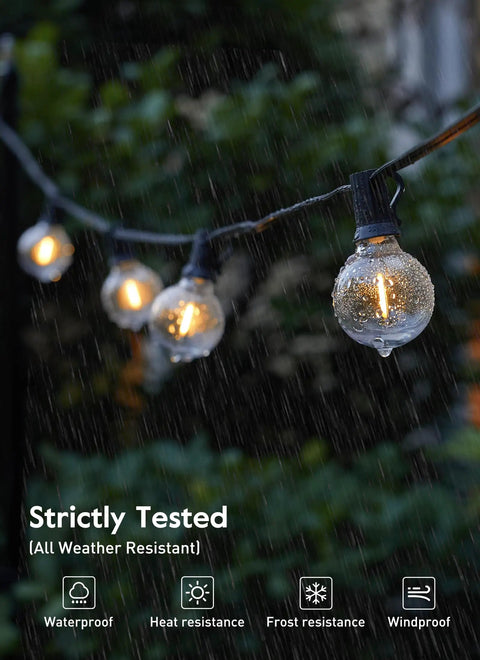 69 Foot G40 Globe Outdoor String Lights With 32 Edison Bulbs Plus 2 Spares Waterproof Connectable in rain during evening