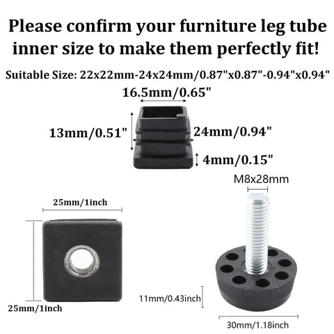 Diagram of Eight Pcs Adjustable Leveling Feet Square Insert Kit dimensions with M8 screws, 25x25mm inserts, 30x11mm base.