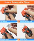 Four steps to replace the blade on a 2-In-1 Razor Scraper Set With 30 Blades, Long-Handle and Mini Scrapers shown.
