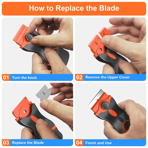 Four steps to replace the blade on a 2-In-1 Razor Scraper Set With 30 Blades, Long-Handle and Mini Scrapers shown.