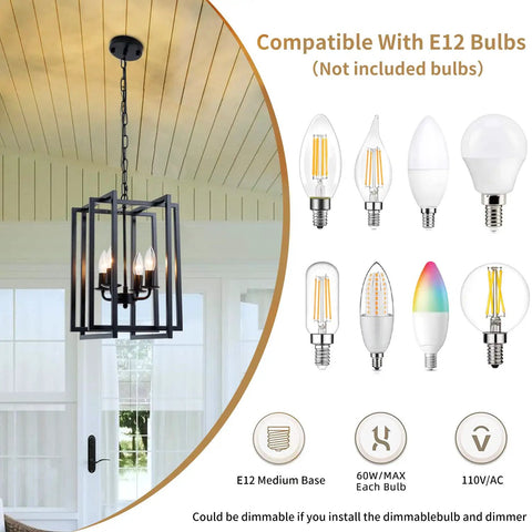 Dope Farmhouse Lantern Chandelier Black Light Fixture with four lights, E12 bulb compatibility shown, hanging in a room
