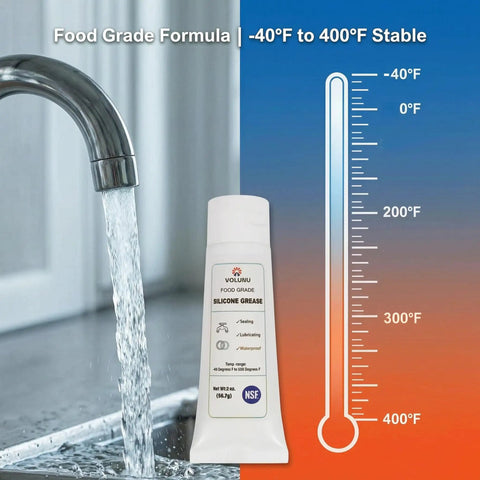 Food Grade Silicone Grease 4oz Twin Pack NSF Approved Waterproof Go-To Lubricant with faucet and temperature scale from -40F to 400F