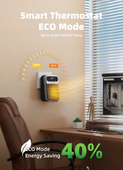 Plug In Space Heater With Remote And 180 Degree Rotating Plug, LED Touch Display showing temperature range in office setting.