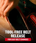 Close-up of Corded 7 Amp Belt Sander Workhorse With Angled 3 Inch By 21 Inch Belt for tool-free belt changes.