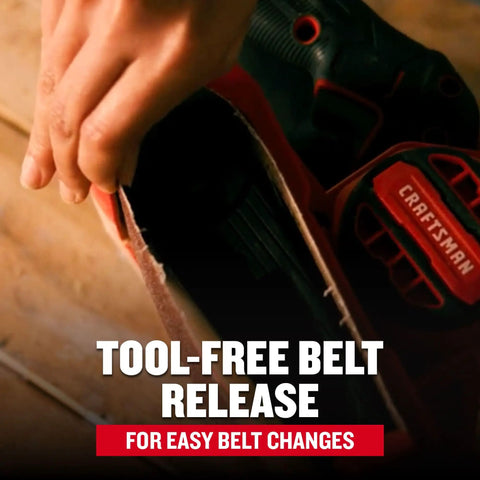 Close-up of Corded 7 Amp Belt Sander Workhorse With Angled 3 Inch By 21 Inch Belt for tool-free belt changes.
