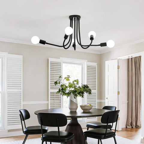 Dope Five Light Modern Industrial Sputnik Ceiling Light With Adjustable Arms Black Metal Semi Flush Mount Chandelier in dining room