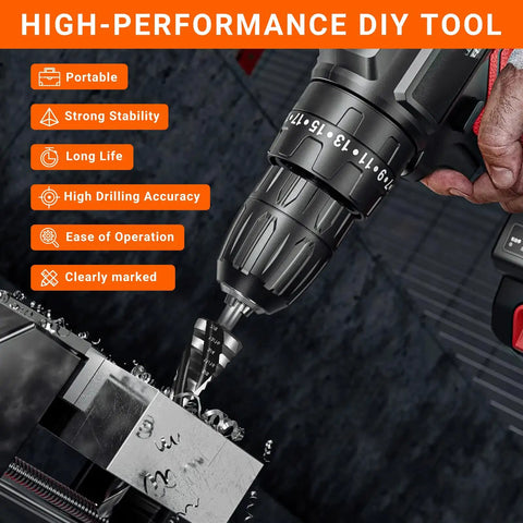 Five Piece HSS Spiral Step Drill Bit Set With Four Flutes And Nitride Coating in use on metal, shown with benefits listed.