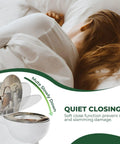Elongated Toilet Seat Farmhouse with quiet closing feature demonstrated beside a serene sleeping person.